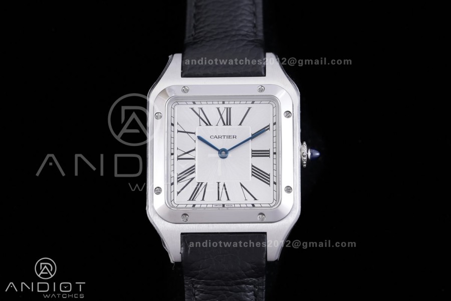 Santos Dumont 31.4mm SS AF 1:1 Best Edition Silver Dial on Black Leather Strap A157