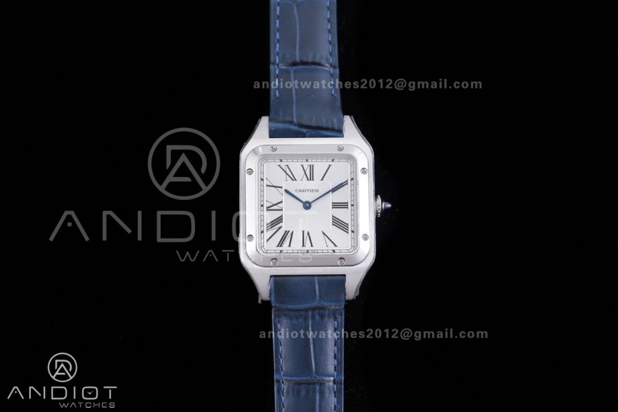 Santos Dumont 31.4mm AF 1:1 Best Edition Silver Dial on Blue Leather Strap Ronda Quartz