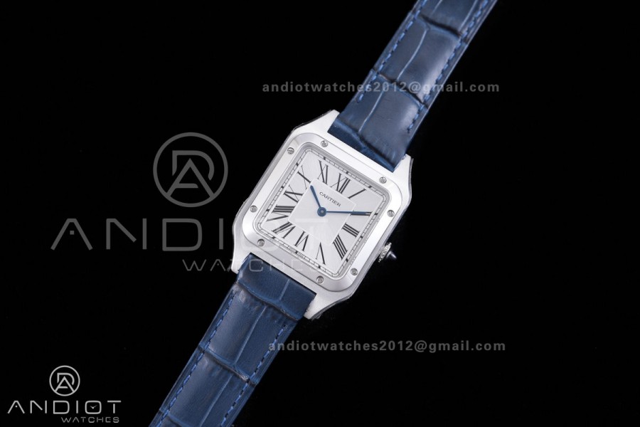 Santos Dumont 31.4mm AF 1:1 Best Edition Silver Dial on Blue Leather Strap Ronda Quartz