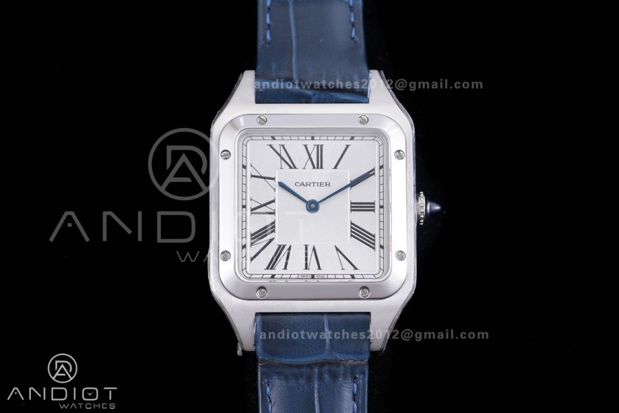 Santos Dumont 31.4mm AF 1:1 Best Edition Silver Dial on Blue Leather Strap Ronda Quartz