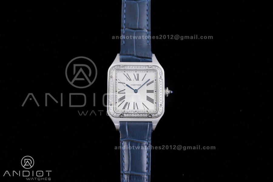 Santos Dumont 31.4mm AF 1:1 Best Edition Silver Dial Diamonds Bezel on Blue Leather Strap Ronda Quartz