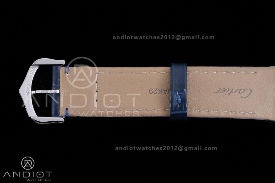 Santos Dumont 31.4mm AF 1:1 Best Edition Silver Dial Diamonds Bezel on Blue Leather Strap Ronda Quartz