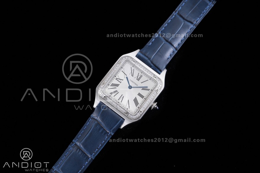 Santos Dumont 31.4mm AF 1:1 Best Edition Silver Dial Diamonds Bezel on Blue Leather Strap Ronda Quartz