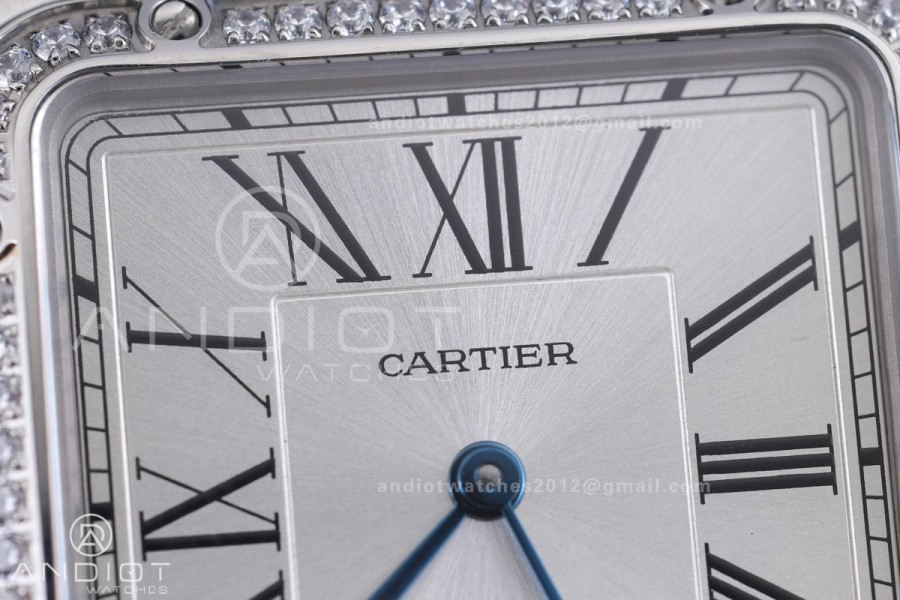 Santos Dumont 31.4mm AF 1:1 Best Edition Silver Dial Diamonds Bezel on Blue Leather Strap Ronda Quartz