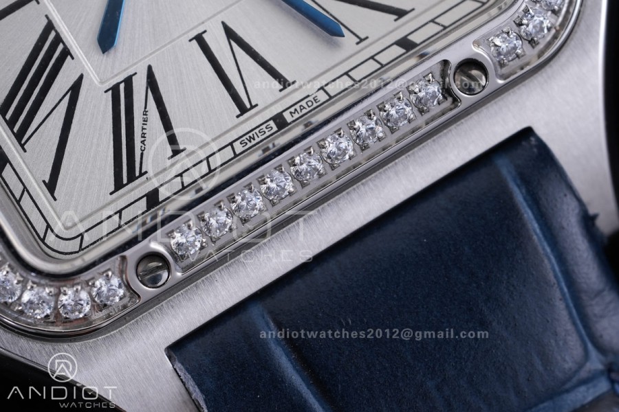 Santos Dumont 31.4mm AF 1:1 Best Edition Silver Dial Diamonds Bezel on Blue Leather Strap Ronda Quartz