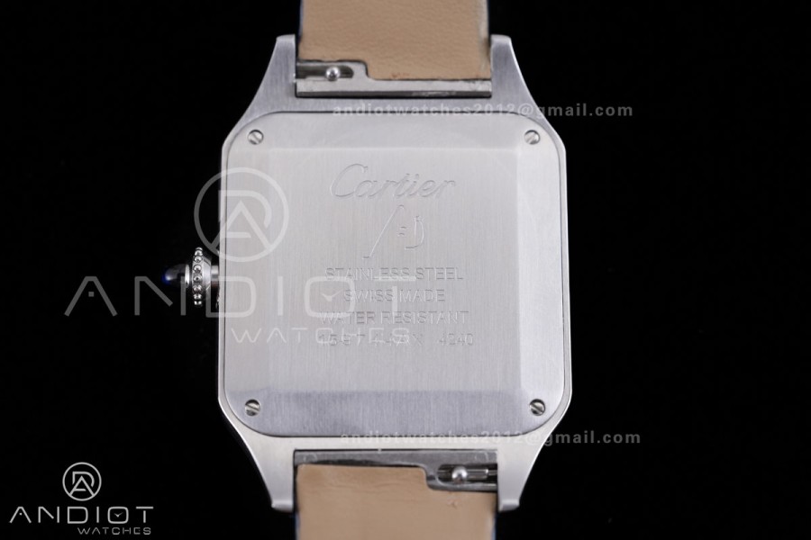 Santos Dumont 31.4mm AF 1:1 Best Edition Silver Dial Diamonds Bezel on Blue Leather Strap Ronda Quartz