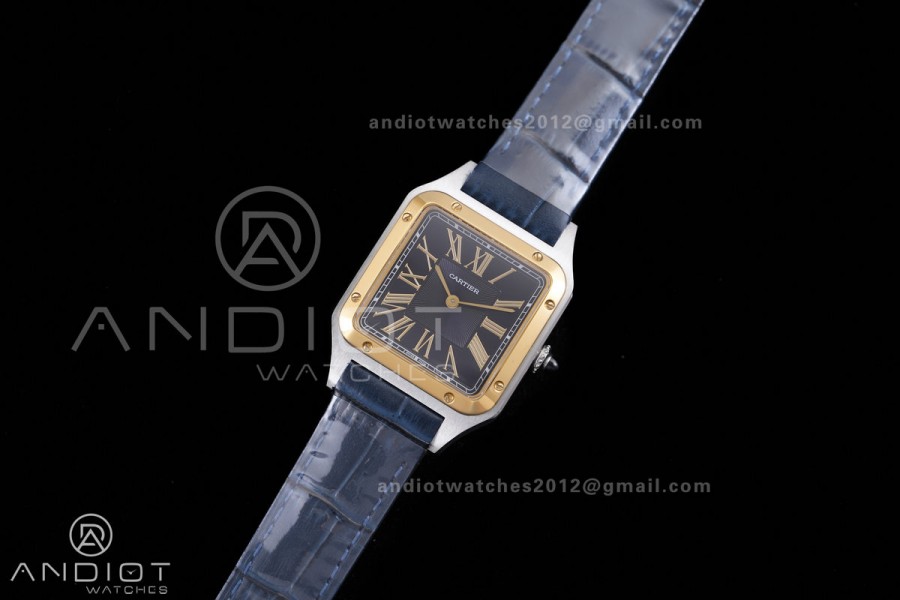 Santos Dumont 31.4mm SS AF 1:1 Best Edition YG Bezel Black Dial YG Marker on Blue Leather Strap Ronda Quartz