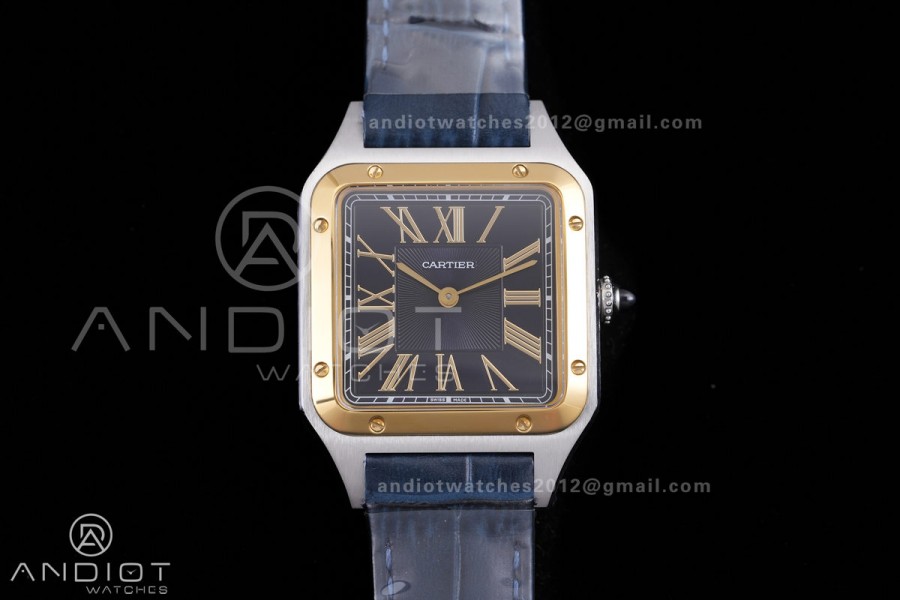 Santos Dumont 31.4mm SS AF 1:1 Best Edition YG Bezel Black Dial YG Marker on Blue Leather Strap Ronda Quartz