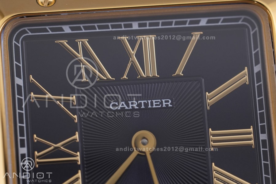 Santos Dumont 31.4mm SS AF 1:1 Best Edition YG Bezel Black Dial YG Marker on Blue Leather Strap Ronda Quartz