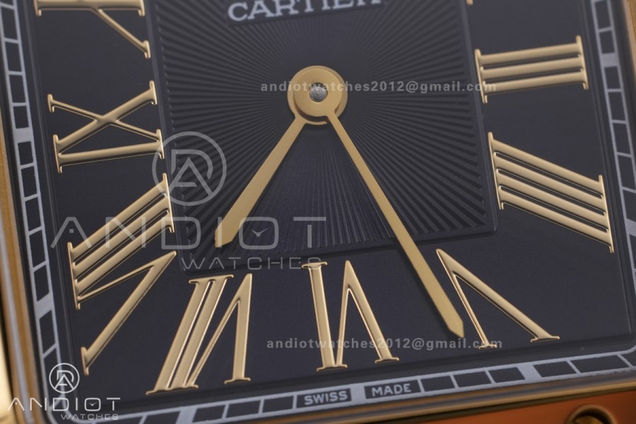 Santos Dumont 31.4mm SS AF 1:1 Best Edition YG Bezel Black Dial YG Marker on Blue Leather Strap Ronda Quartz