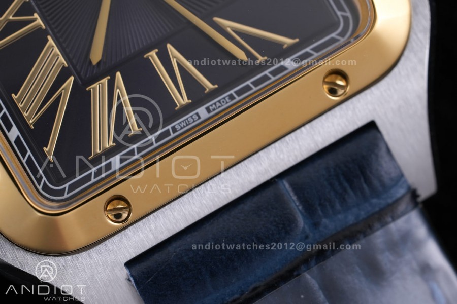 Santos Dumont 31.4mm SS AF 1:1 Best Edition YG Bezel Black Dial YG Marker on Blue Leather Strap Ronda Quartz