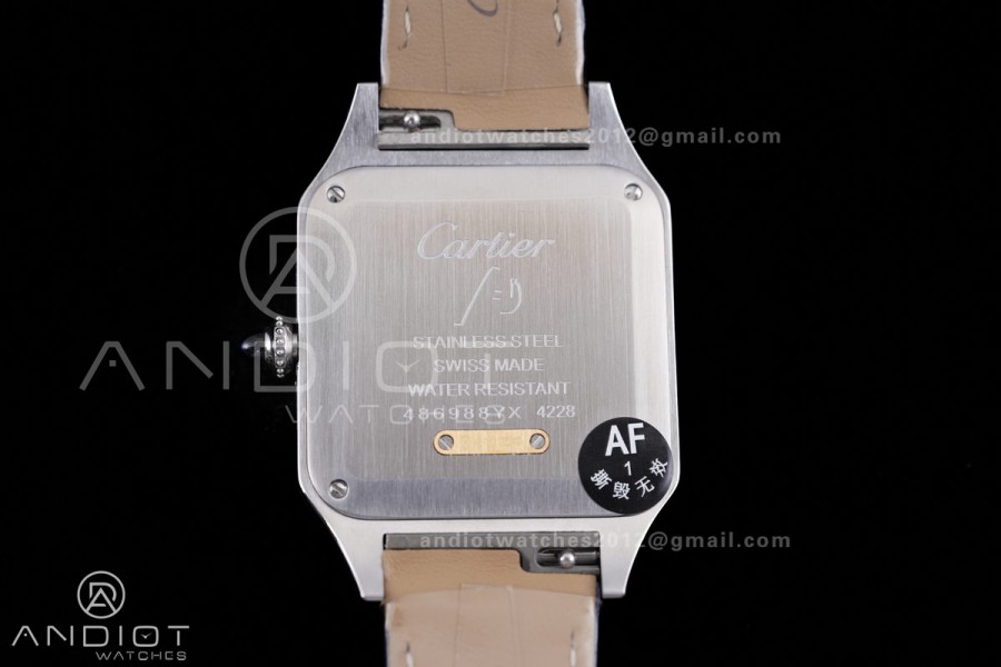 Santos Dumont 31.4mm SS AF 1:1 Best Edition YG Bezel Black Dial YG Marker on Blue Leather Strap Ronda Quartz