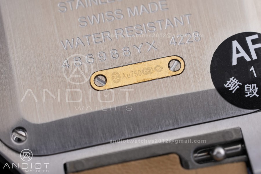 Santos Dumont 31.4mm SS AF 1:1 Best Edition YG Bezel Black Dial YG Marker on Blue Leather Strap Ronda Quartz