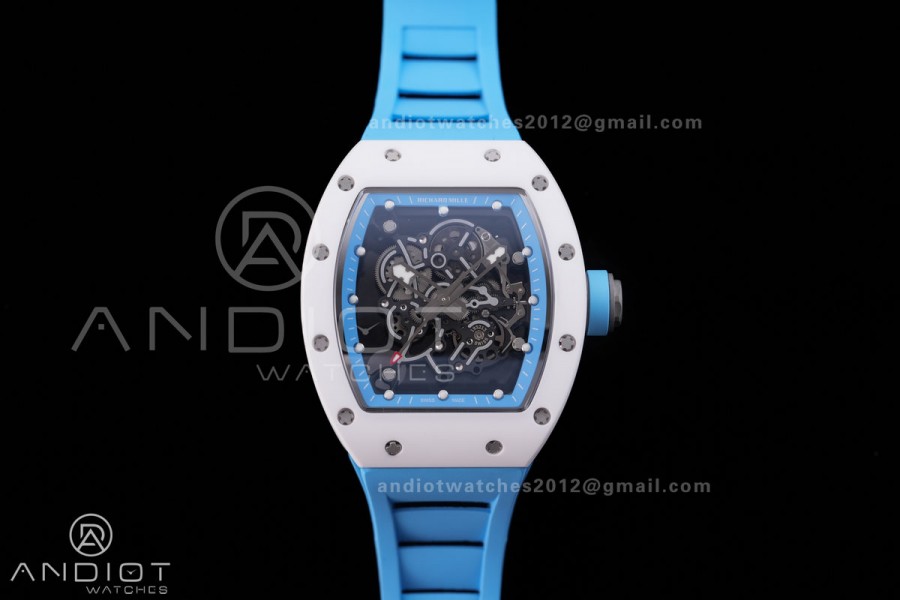 RM055 White Ceramic BBF 1:1 Best Edition Blue Bezel Blue Crown on Blue Rubber Strap RMUL2 Super Clone