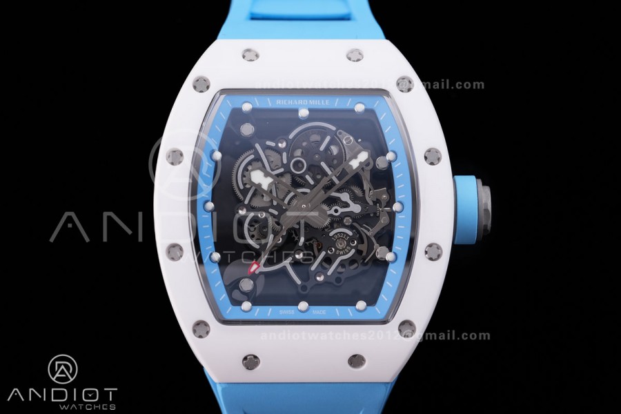 RM055 White Ceramic BBF 1:1 Best Edition Blue Bezel Blue Crown on Blue Rubber Strap RMUL2 Super Clone