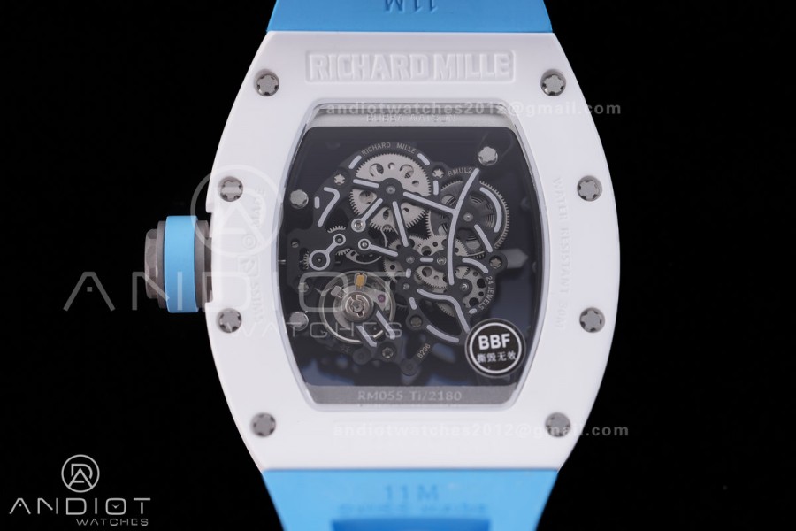 RM055 White Ceramic BBF 1:1 Best Edition Blue Bezel Blue Crown on Blue Rubber Strap RMUL2 Super Clone