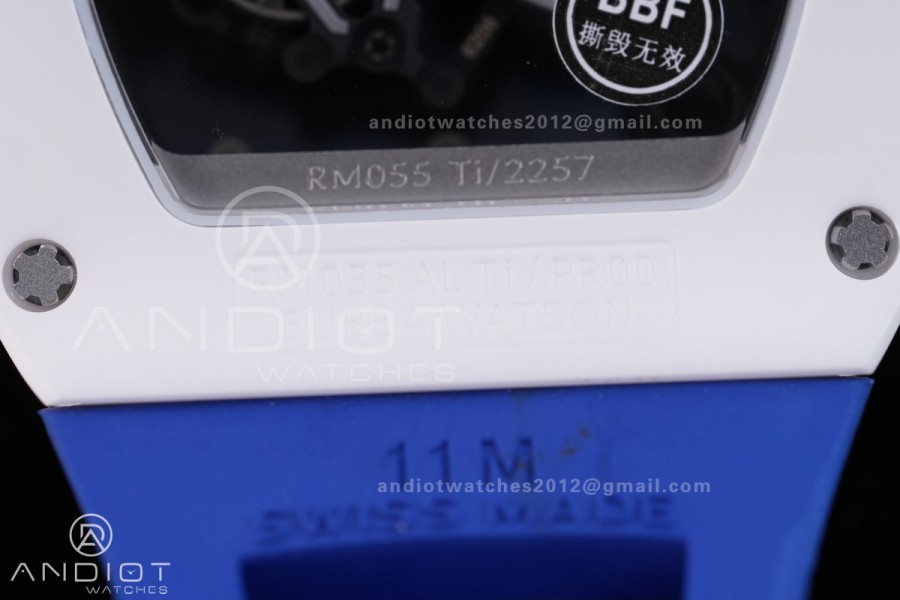 RM055 White Ceramic BBF 1:1 Best Edition White Bezel Blue Crown on Blue Rubber Strap RMUL2 Super Clone