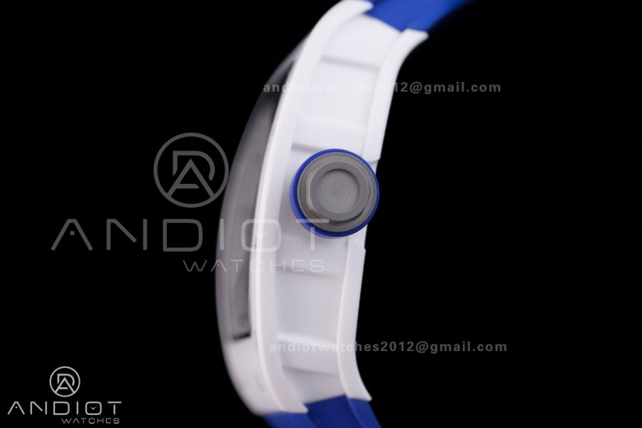 RM055 White Ceramic BBF 1:1 Best Edition White Bezel Blue Crown on Blue Rubber Strap RMUL2 Super Clone