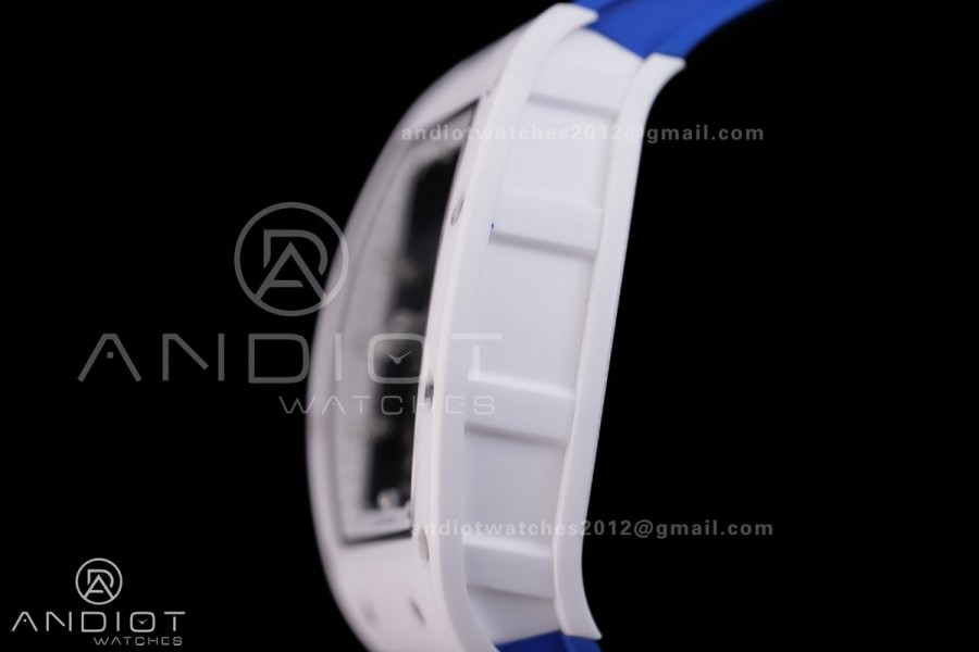 RM055 White Ceramic BBF 1:1 Best Edition White Bezel Blue Crown on Blue Rubber Strap RMUL2 Super Clone