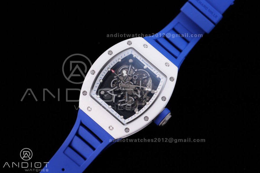 RM055 White Ceramic BBF 1:1 Best Edition White Bezel Blue Crown on Blue Rubber Strap RMUL2 Super Clone