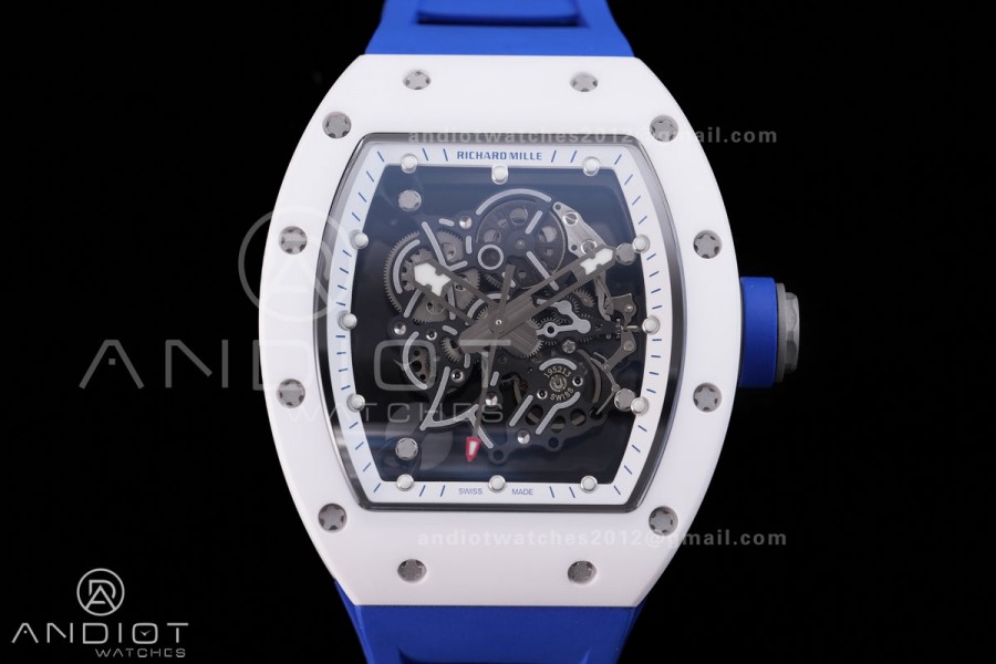 RM055 White Ceramic BBF 1:1 Best Edition White Bezel Blue Crown on Blue Rubber Strap RMUL2 Super Clone