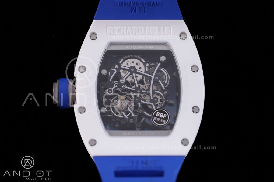 RM055 White Ceramic BBF 1:1 Best Edition White Bezel Blue Crown on Blue Rubber Strap RMUL2 Super Clone