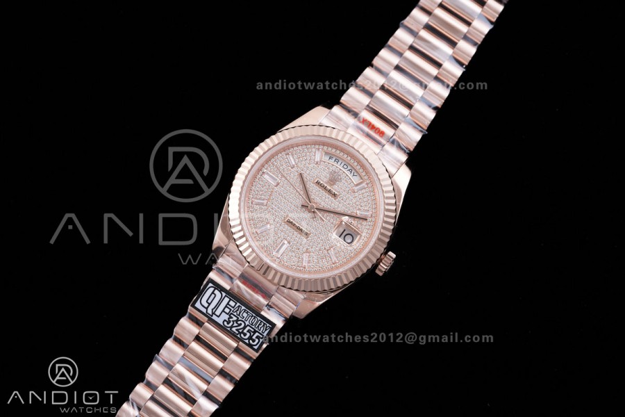 DayDate 40 RG QF 1:1 Best Edition 904L Steel Diamonds Dial on President Bracelet VR3255 V8 (Gain Weight)