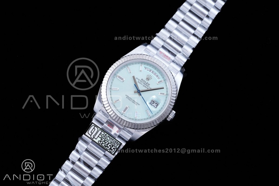 DayDate 40 SS QF 1:1 Best Edition 904L Steel Ice Blue Crystal Dial on President Bracelet VR3255 V8 (Gain Weight)