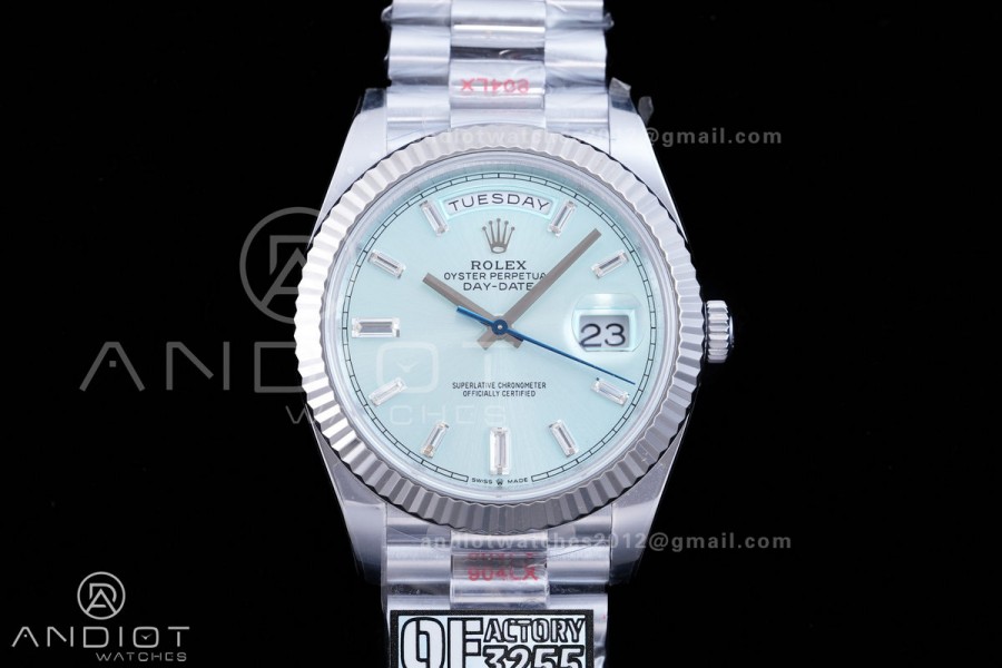 DayDate 40 SS QF 1:1 Best Edition 904L Steel Ice Blue Crystal Dial on President Bracelet VR3255 V8 (Gain Weight)