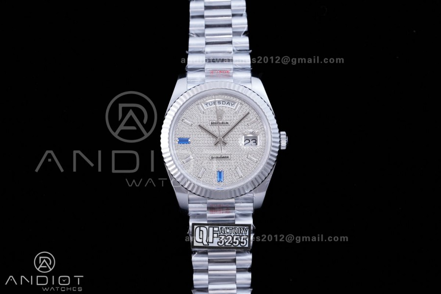 DayDate 40 SS QF 1:1 Best Edition 904L Steel Diamonds Dial on President Bracelet VR3255 V8 (Gain Weight)
