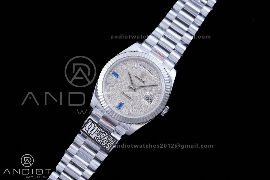 DayDate 40 SS QF 1:1 Best Edition 904L Steel Diamonds Dial on President Bracelet VR3255 V8 (Gain Weight)