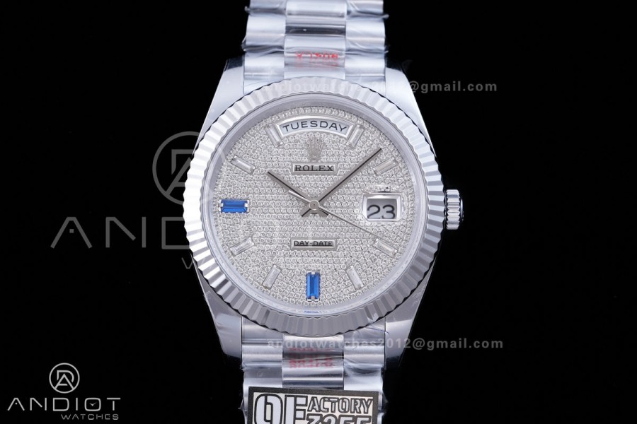 DayDate 40 SS QF 1:1 Best Edition 904L Steel Diamonds Dial on President Bracelet VR3255 V8 (Gain Weight)