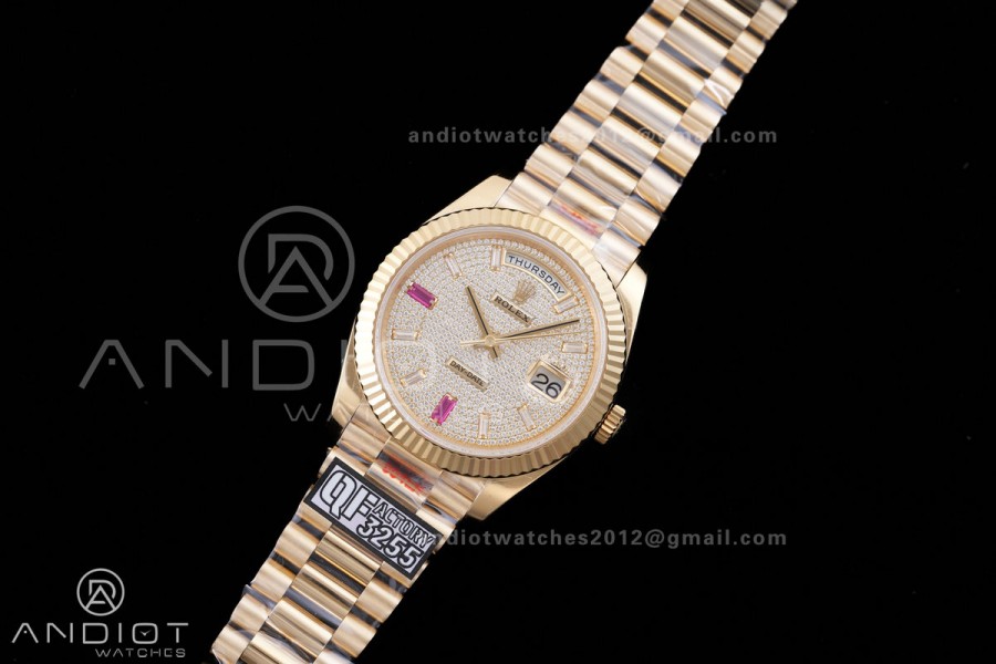 DayDate 40 YG QF 1:1 Best Edition Full Diamonds Dial on President Bracelet VR3255 V8 (Gain Weight)