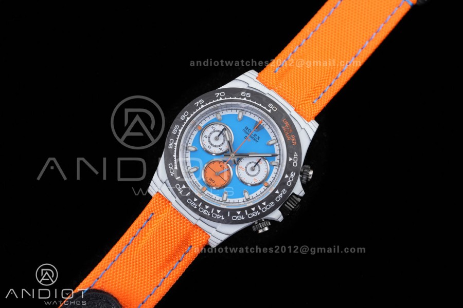 Daytona DIW 40mm White Carbon SONIC 1:1 Best Edition Blue Dial on Orange Nylon Strap DD4130