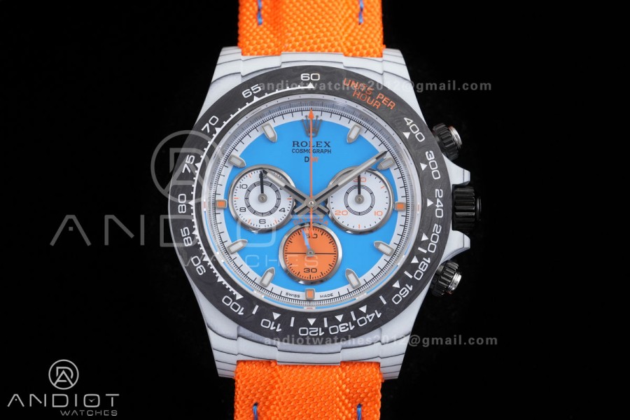 Daytona DIW 40mm White Carbon SONIC 1:1 Best Edition Blue Dial on Orange Nylon Strap DD4130