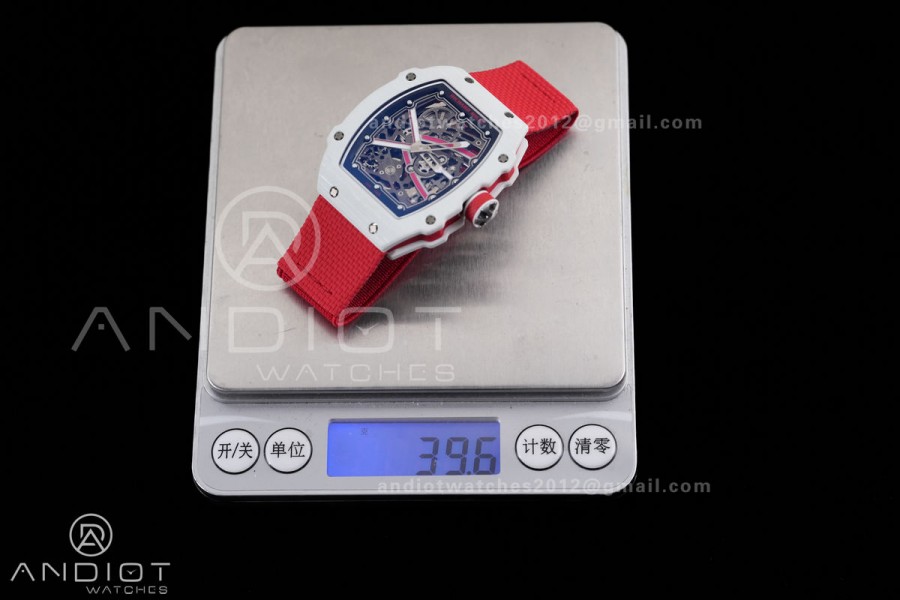 Umi Maker's RM67-02 White NTPT Charles Red/White Skeleton Dial on Nylon strap CRMA7 Clone V2