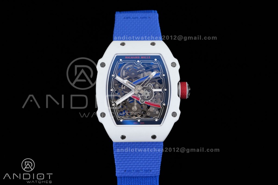 Umi Maker's RM67-02 White NTPT France Blue/Red/White Skeleton Dial on Nylon strap CRMA7 Clone V2