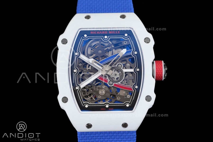 Umi Maker's RM67-02 White NTPT France Blue/Red/White Skeleton Dial on Nylon strap CRMA7 Clone V2