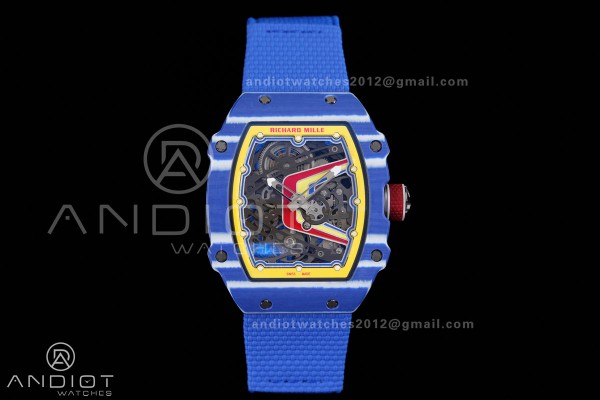 Umi Maker's RM67-02 Blue NTPT Fernando Yellow/Red/Blue Skeleton Dial on Nylon strap CRMA7 Clone V2