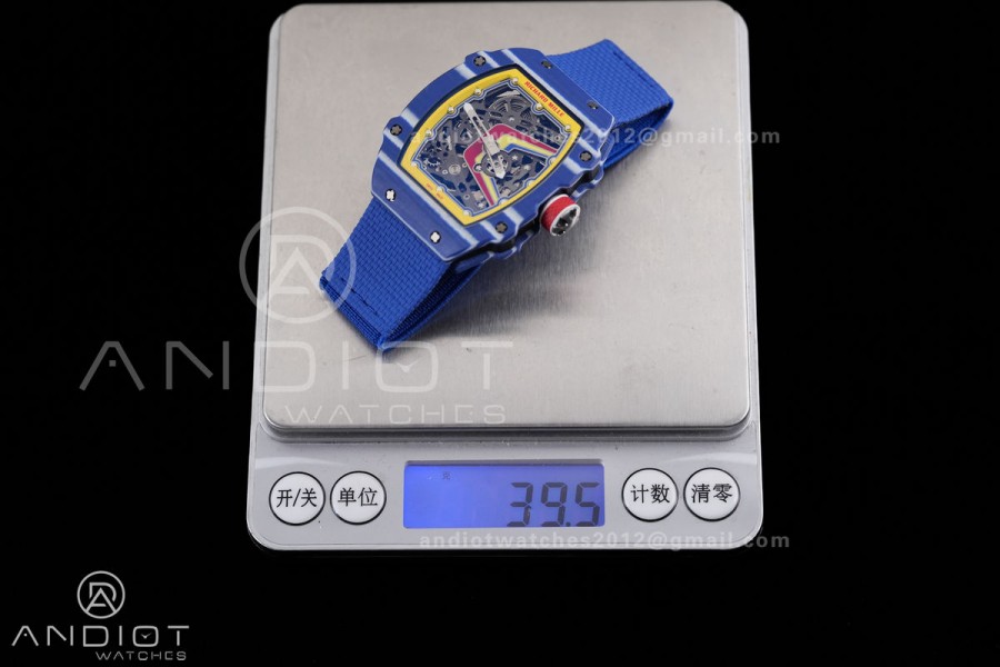 Umi Maker's RM67-02 Blue NTPT Fernando Yellow/Red/Blue Skeleton Dial on Nylon strap CRMA7 Clone V2