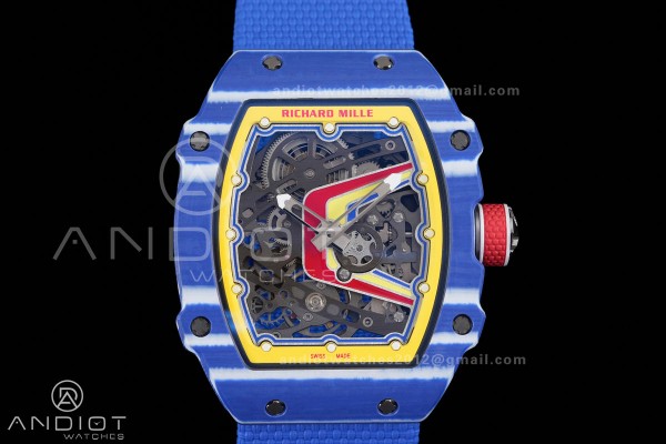 Umi Maker's RM67-02 Blue NTPT Fernando Yellow/Red/Blue Skeleton Dial on Nylon strap CRMA7 Clone V2