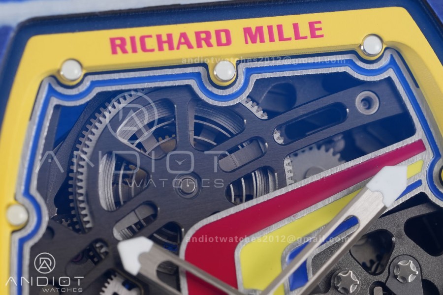 Umi Maker's RM67-02 Blue NTPT Fernando Yellow/Red/Blue Skeleton Dial on Nylon strap CRMA7 Clone V2