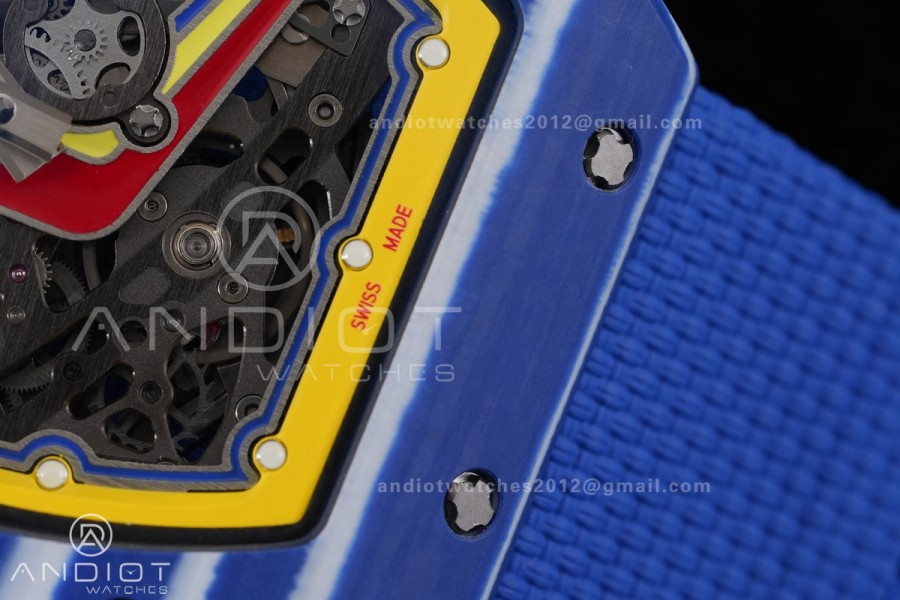 Umi Maker's RM67-02 Blue NTPT Fernando Yellow/Red/Blue Skeleton Dial on Nylon strap CRMA7 Clone V2