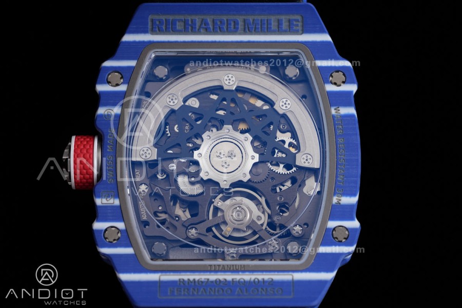 Umi Maker's RM67-02 Blue NTPT Fernando Yellow/Red/Blue Skeleton Dial on Nylon strap CRMA7 Clone V2