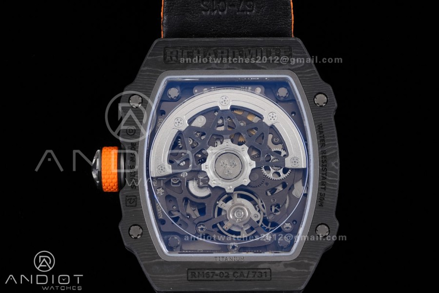 Umi Maker's RM67-02 Black NTPT McLaren Orange Skeleton Dial on Nylon strap CRMA7 Clone V2