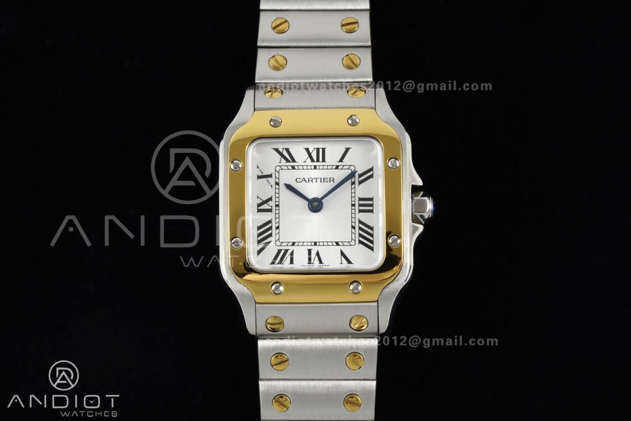 Santos W2SA0033 27x34.5mm SS/YG BLF 1:1 Best Edition Silver Dial On SS SmartLinks Bracelet Ronda Quartz