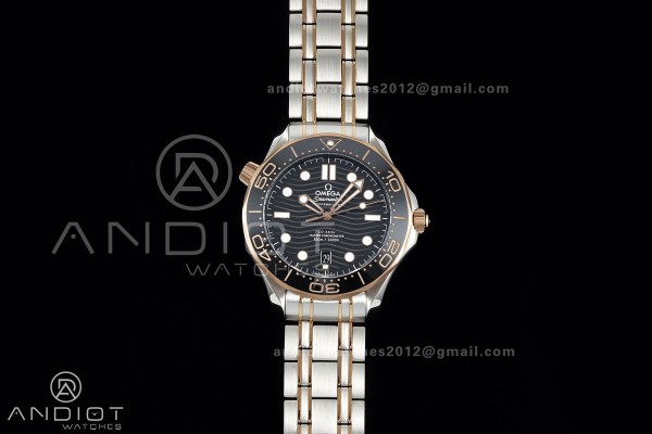 Seamaster Diver 300M SS/RG ORF 1:1 Best Edition Black Ceramic Black Dial on SS/RG Bracelet OR8800 Super Clone