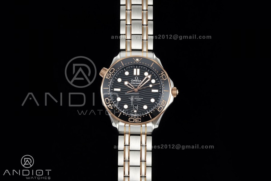 Seamaster Diver 300M SS/RG ORF 1:1 Best Edition Black Ceramic Black Dial on SS/RG Bracelet OR8800 Super Clone