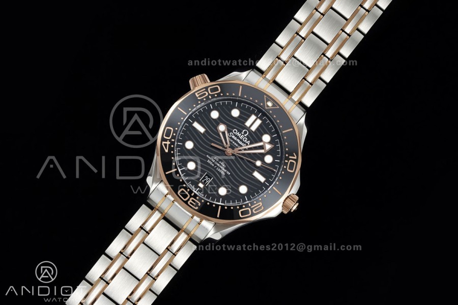 Seamaster Diver 300M SS/RG ORF 1:1 Best Edition Black Ceramic Black Dial on SS/RG Bracelet OR8800 Super Clone