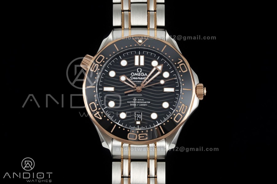 Seamaster Diver 300M SS/RG ORF 1:1 Best Edition Black Ceramic Black Dial on SS/RG Bracelet OR8800 Super Clone